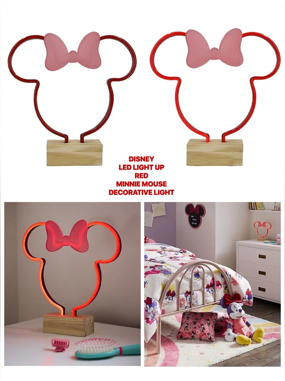 NWT- Disney- LED Light Up- RED- Minnie Mouse Head Neon Accent Light